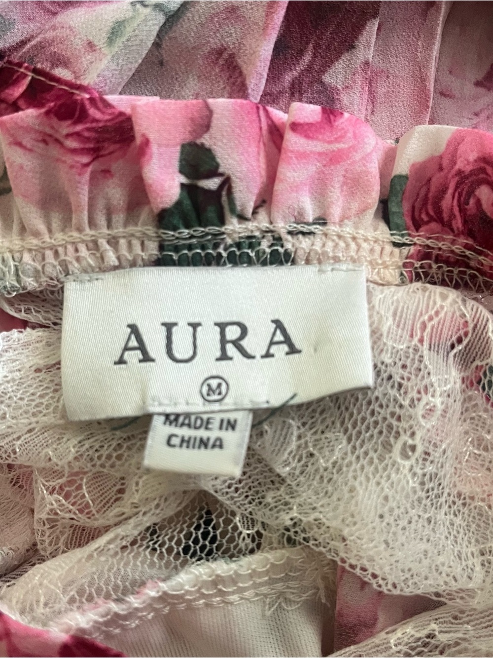 Aura Encourage Her Ivory Multi Floral Print Top Lace Yoke Ruffle Trim Pink M - Picture 7 of 7